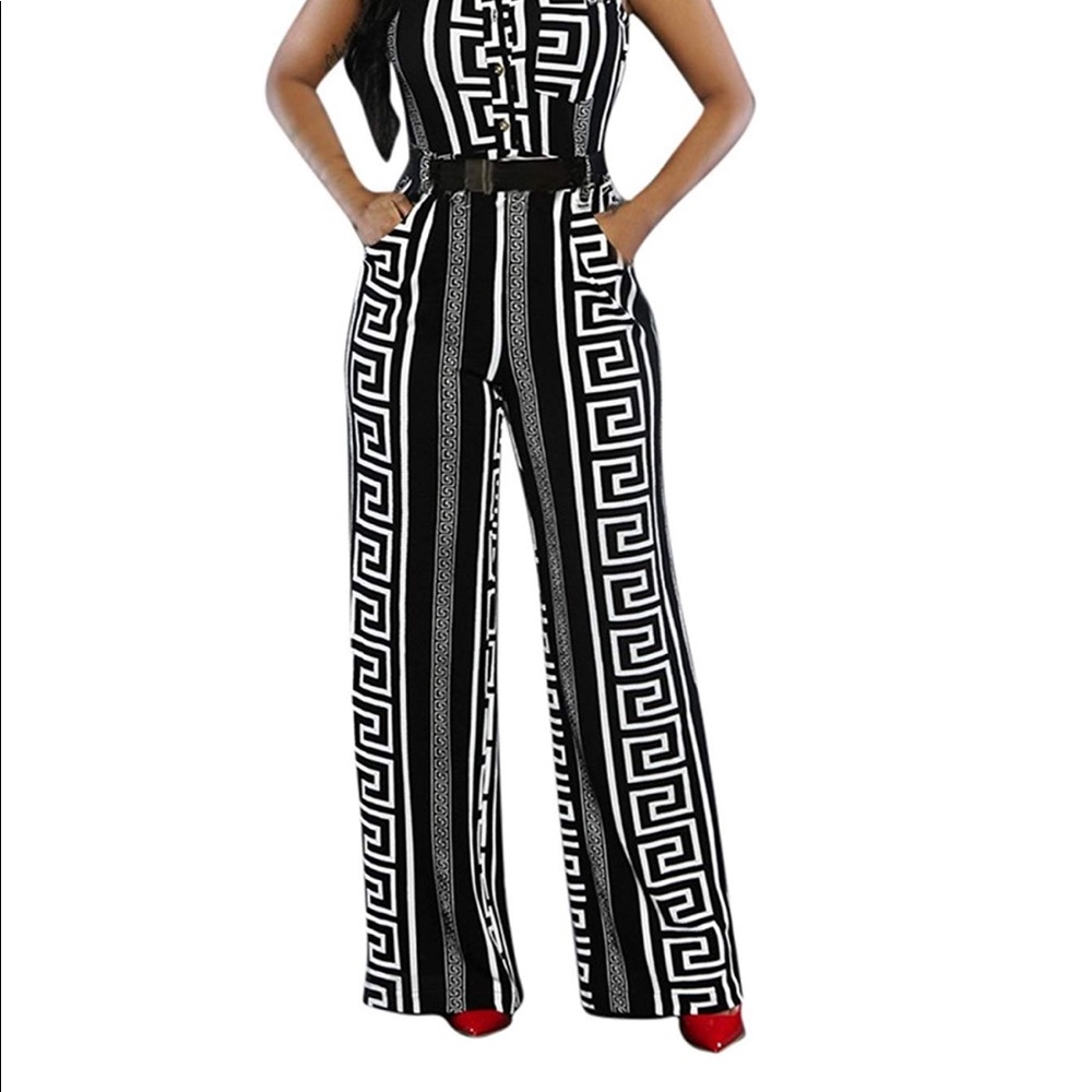 Button Up Printed Wide Leg Pant Jumpsuit with Belt